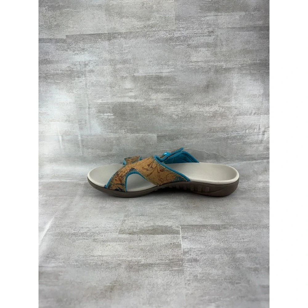 Spenco Kholo Women Sz 10B Orthotic Slide Sandals Tan Blue Floral Cork Adjustable